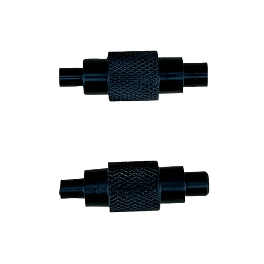 A black locating pin for shelf pin jigs with a textured grip in the center and blue ends.