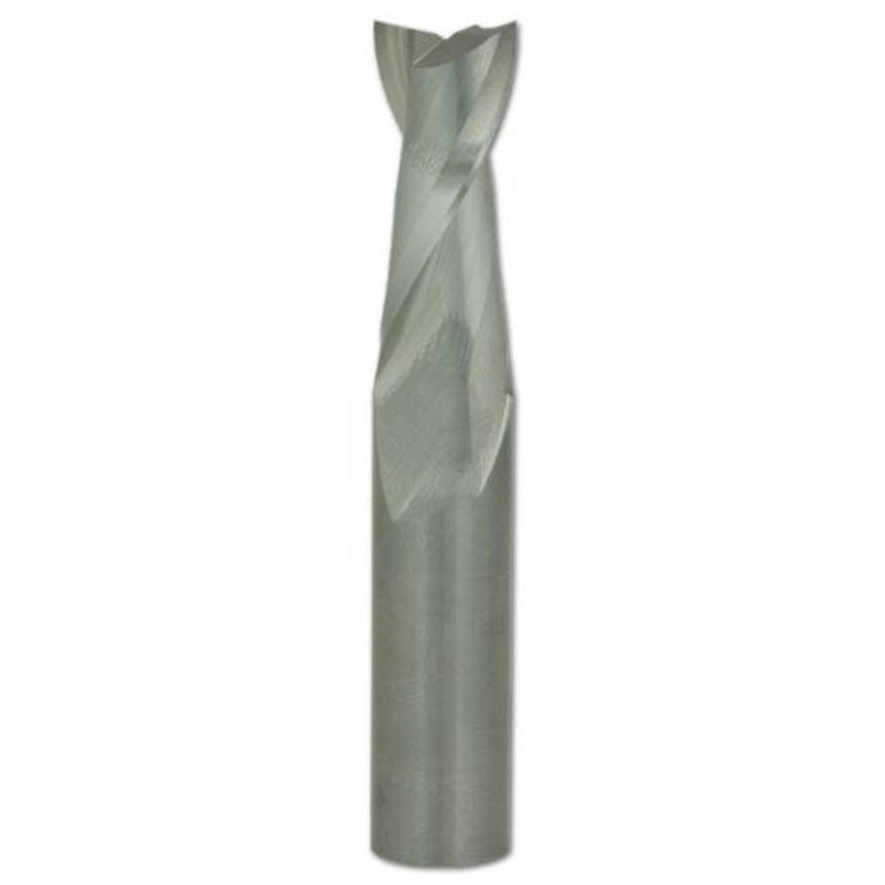 A solid carbide spiral up-cut router bit with a silver finish.