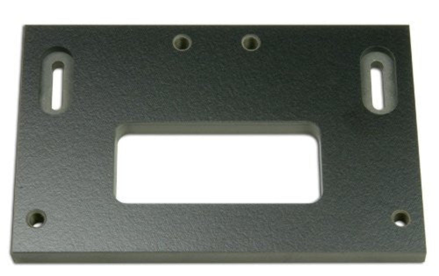 A black phenolic dead bolt plate template with multiple pre-drilled holes for cutting a mortise for a dead bolt plate.