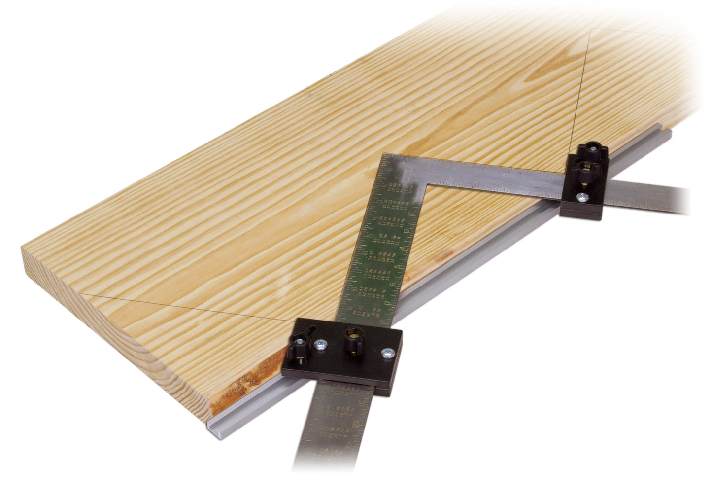 Woodhaven 8715 deluxe stair gauge attached to framing square on stair stringer.