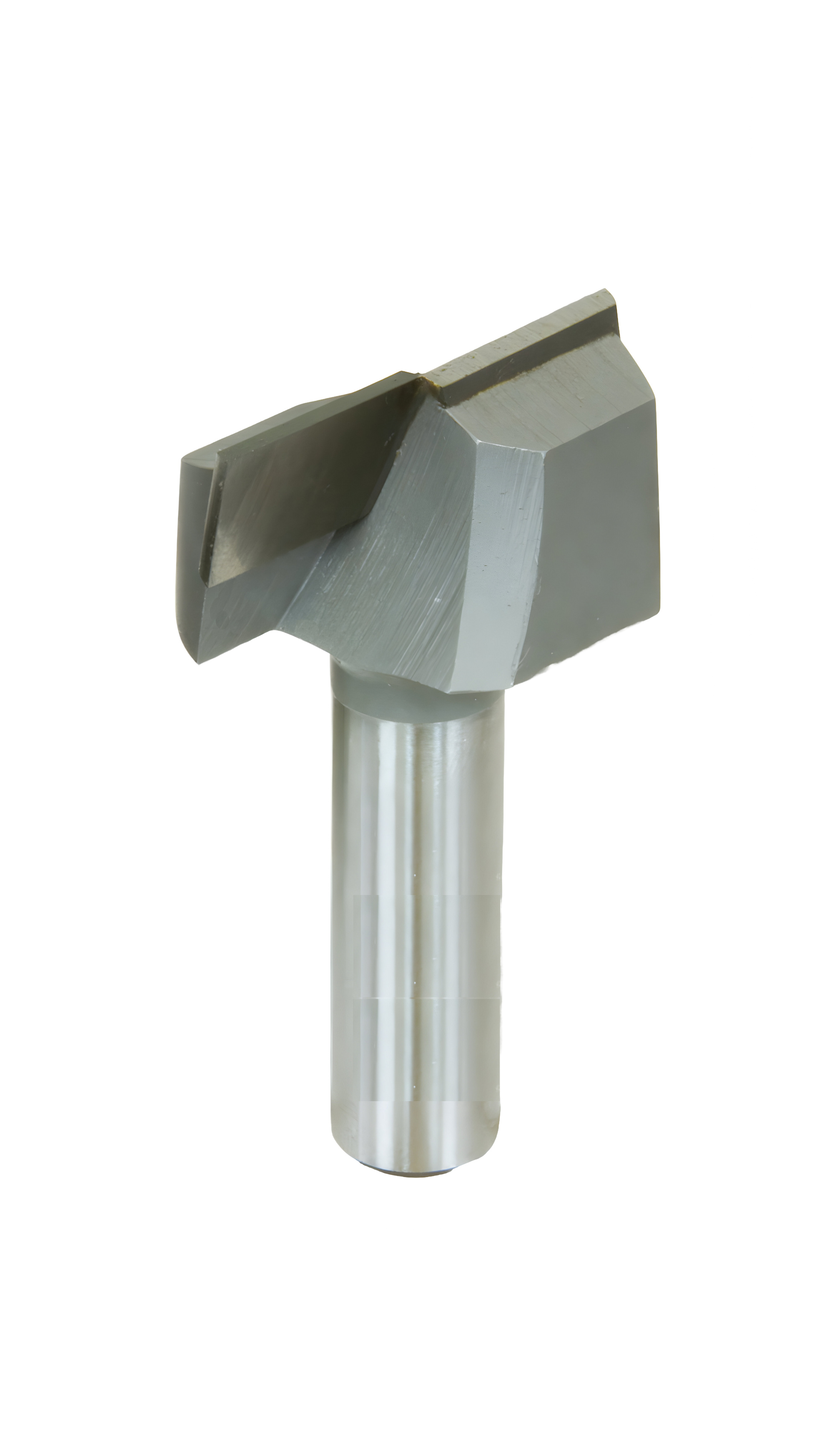 A router bit with a trapezoidal shape and a metallic finish, designed for woodworking and surfacing projects.