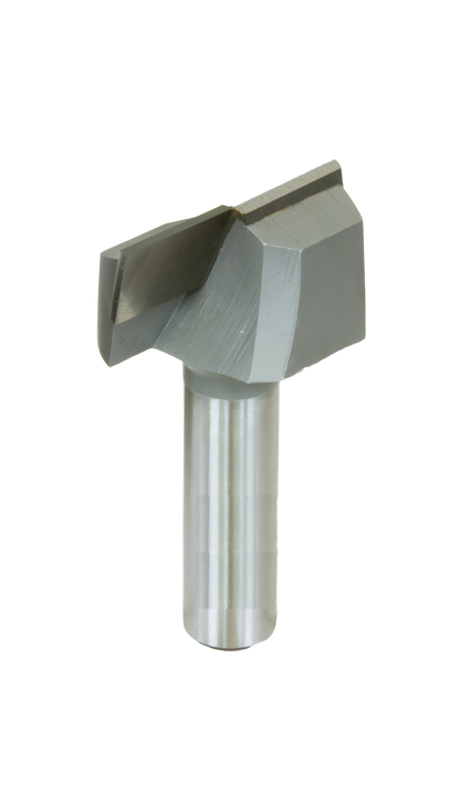 A router bit with a trapezoidal shape and a metallic finish, designed for woodworking and surfacing projects.