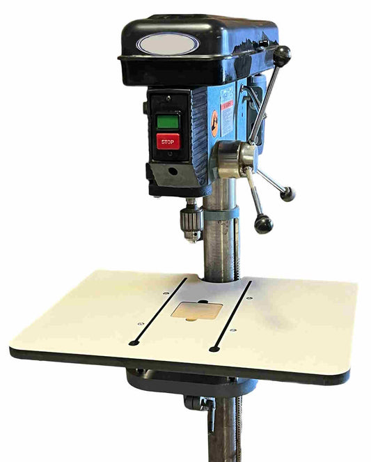 An image showing a Woodhaven 1826 Drill Press Table, featuring a solid Phenolic table surface attached to a drill press, designed for accommodating larger projects with its expansive work area.