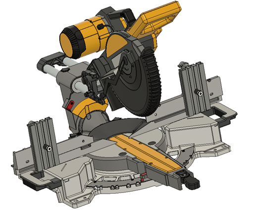 A Woodhaven crown molding jig designed for use with a miter saw, depicted in a gray, yellow, and black color scheme.