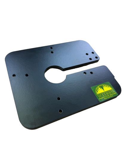 Black plastic bracket with a logo on a white background