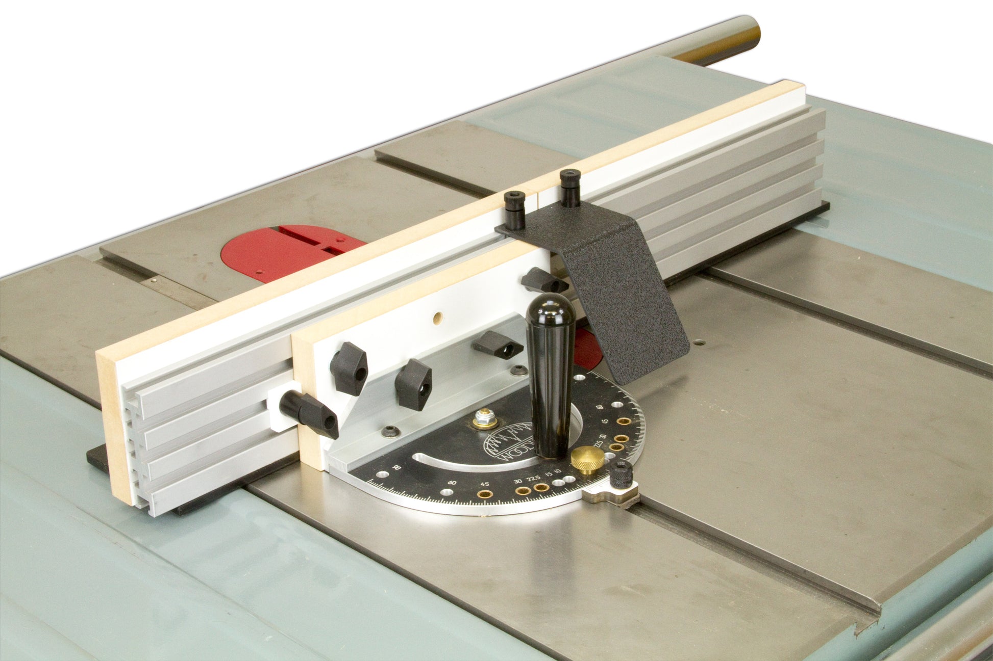 A Box Joint Jig attached to a router table, with metal components and a wooden sub-fence.