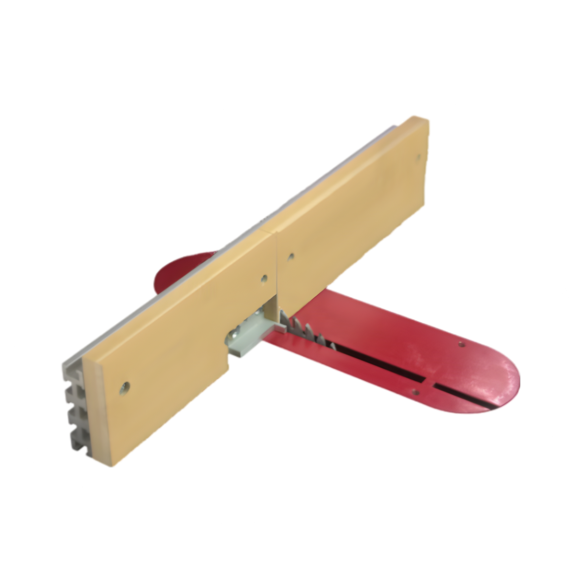 A box joint jig made of aluminum, shown disassembled into two pieces with a red and silver color scheme. The device is designed for woodworking to create box joints between various sizes.