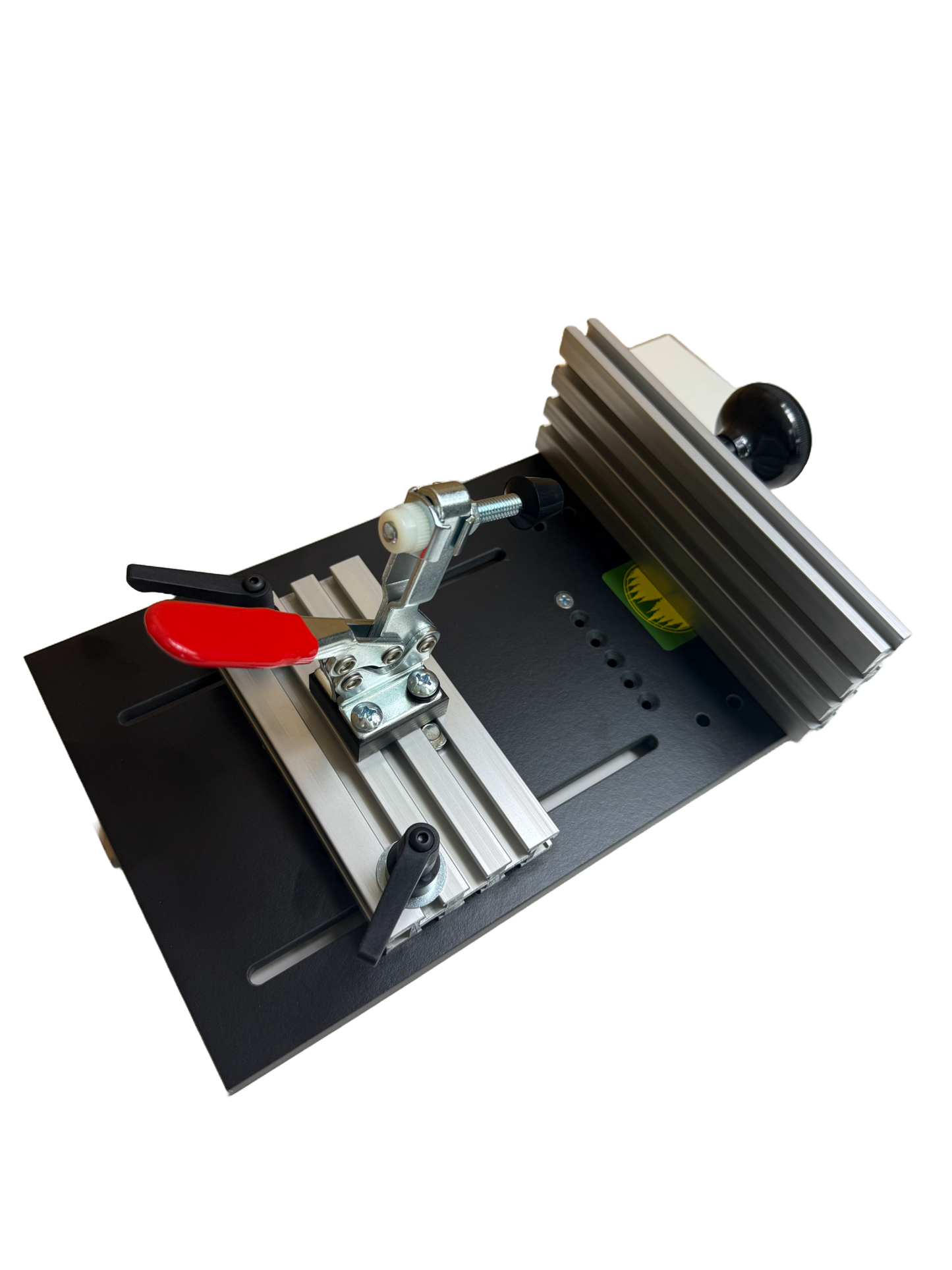 Small band saw sled with a red handled clamp 