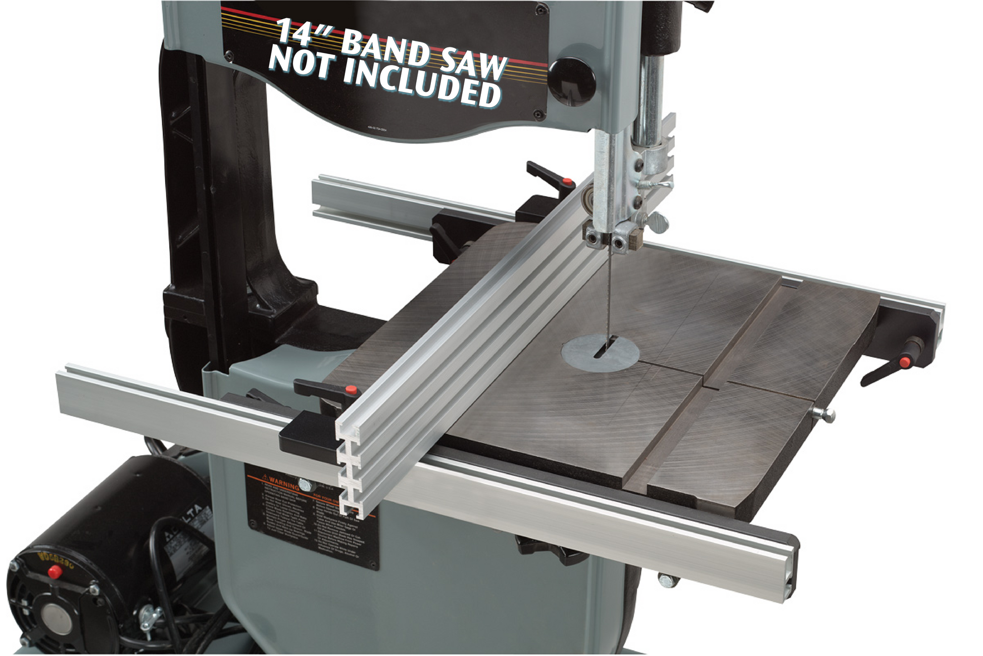 An image showing a band saw fence made of aluminum extrusions, designed to improve precision in wood cutting operations. The saw and extension table are not included.