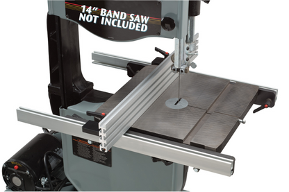 An image showing a band saw fence made of aluminum extrusions, designed to improve precision in wood cutting operations. The saw and extension table are not included.