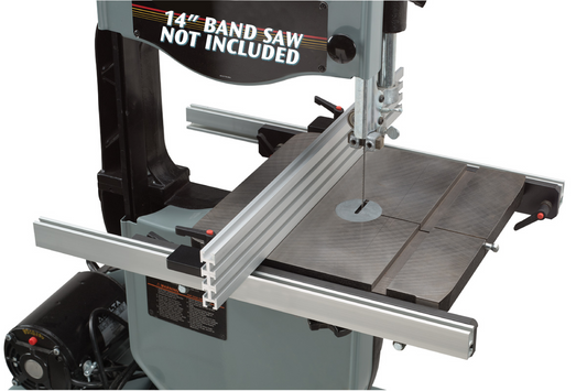 An image showing a band saw fence made of aluminum extrusions, designed to improve precision in wood cutting operations. The saw and extension table are not included.