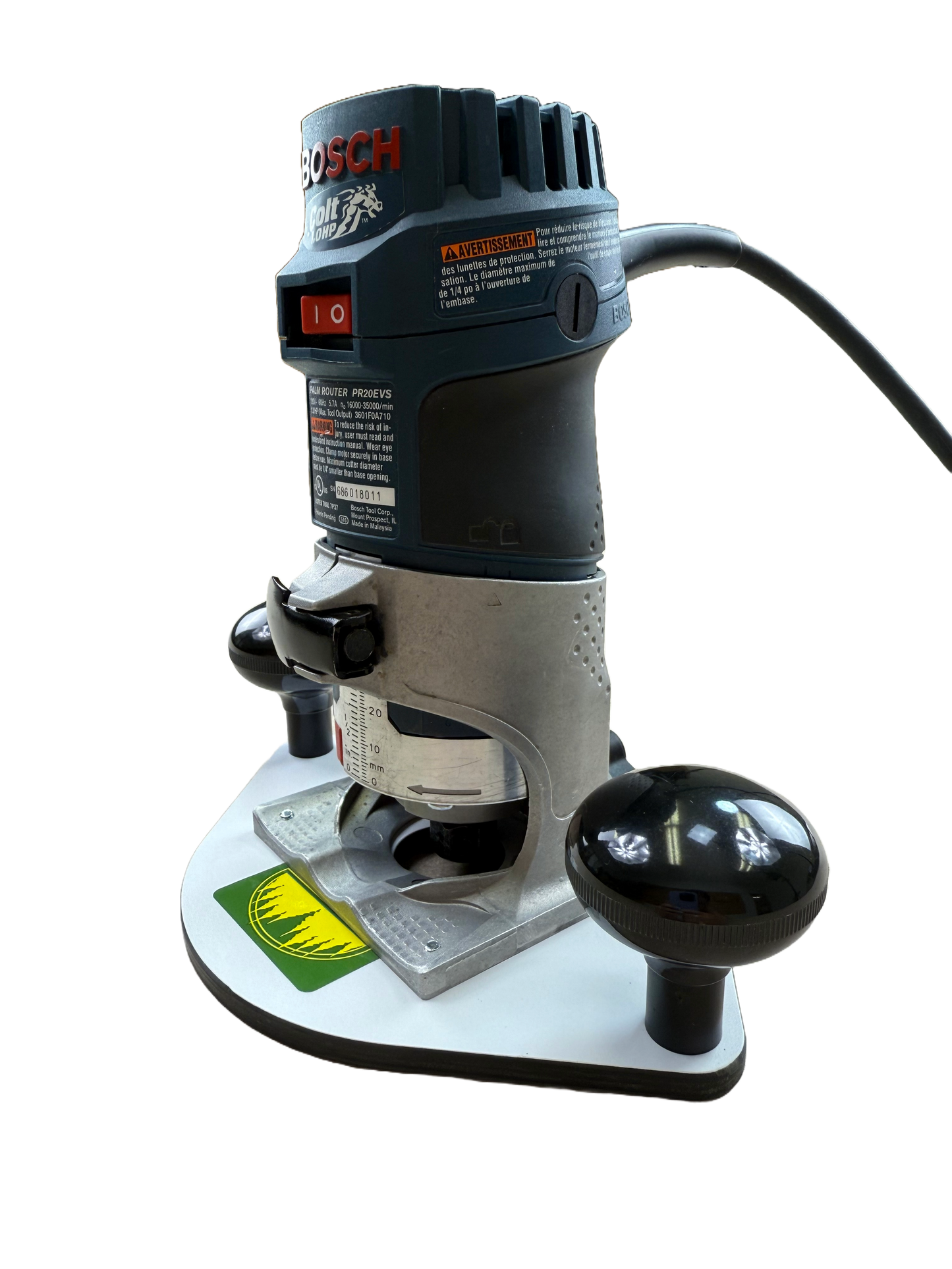 Guide bushing base plate installed on Bosch Colt compact router