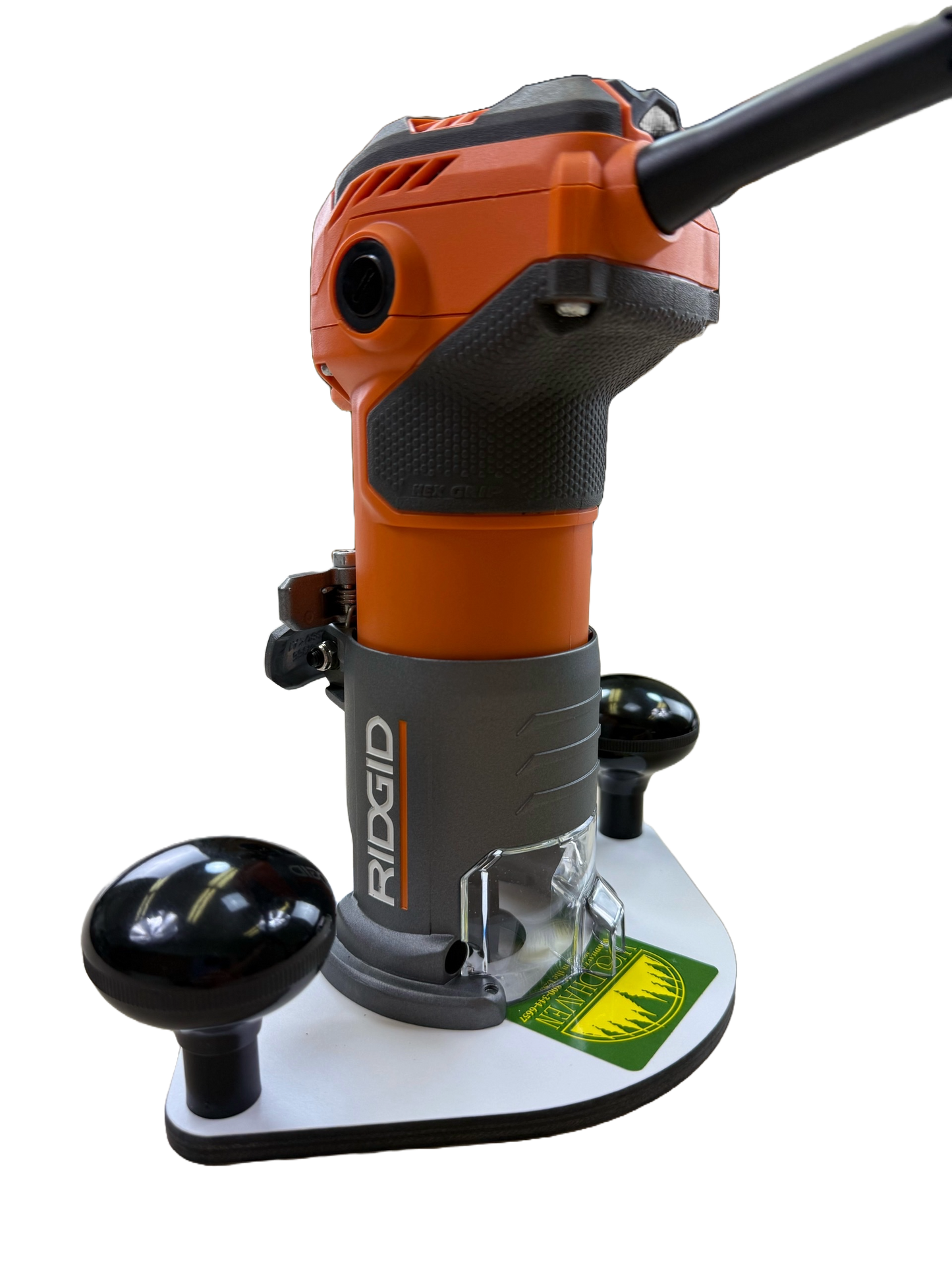 Ridgid router on a white baseplate with two handles