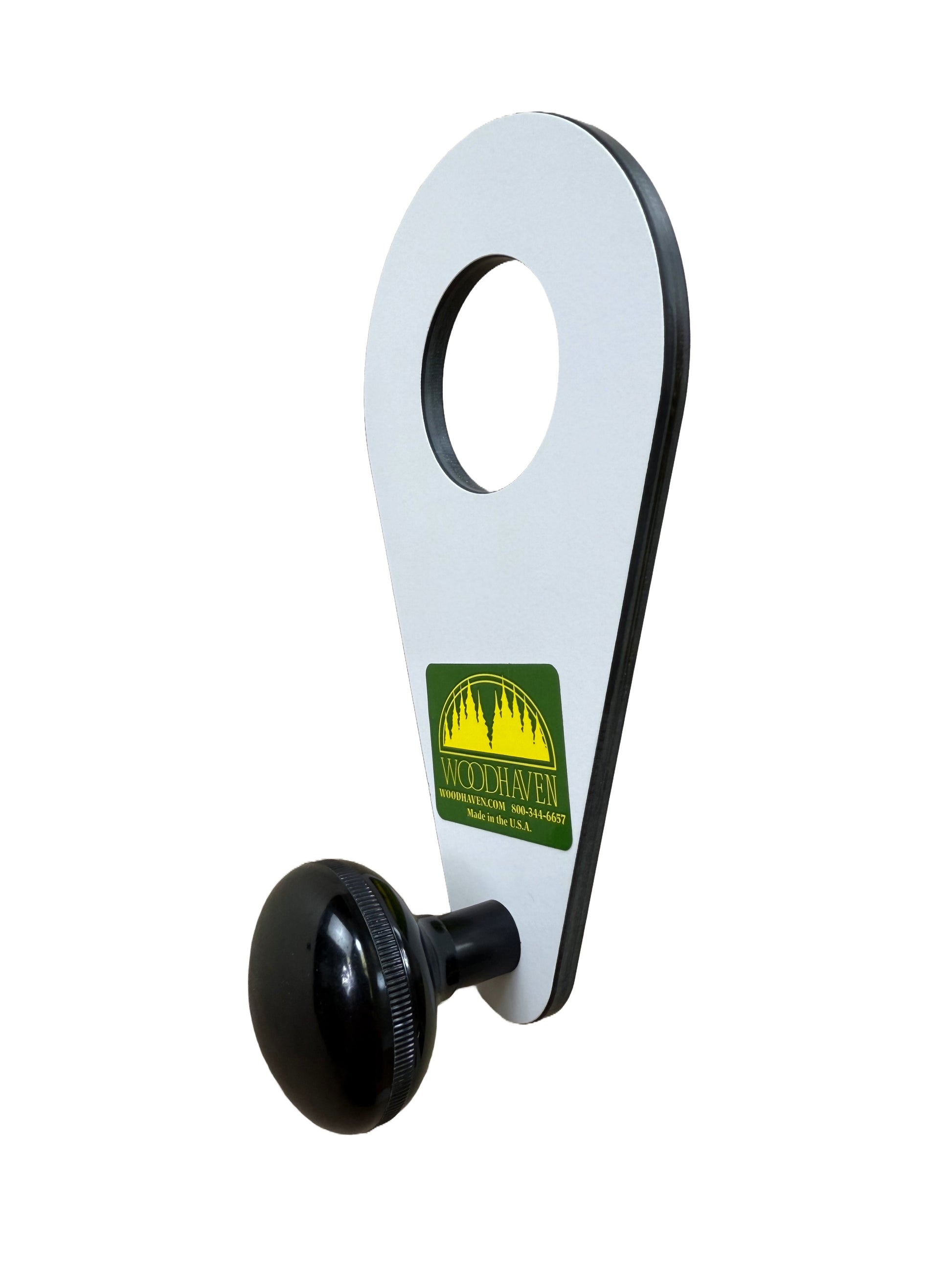 White phenolic router plate with black handle 