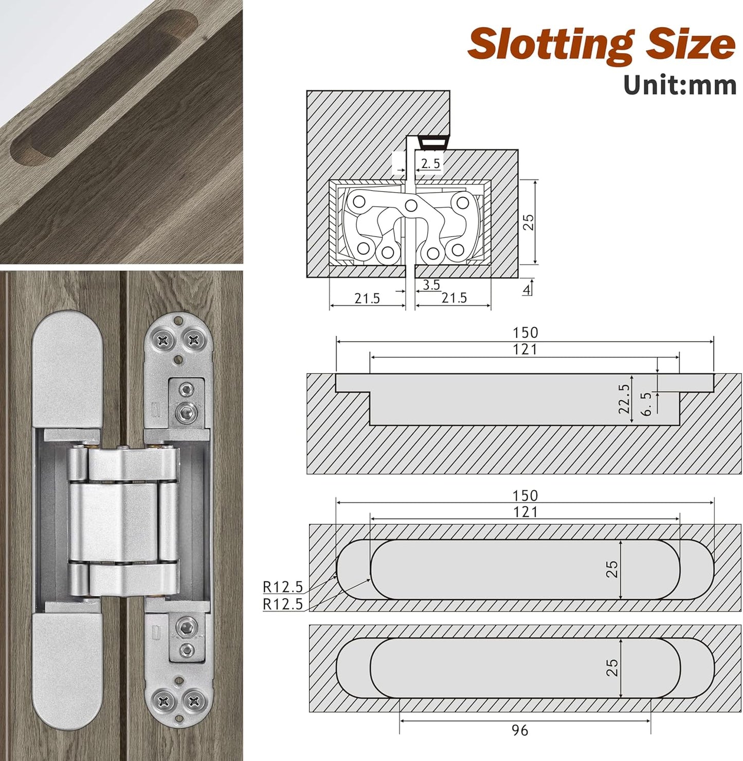 A router jig designed for creating mortises for invisible hinges, with a black top surface, blue sides, and orange clamps attached to a wooden workpiece.