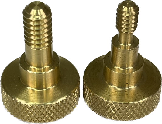 Two brass replacement indexing knobs for a miter gauge, displaying threaded stems and textured grips.