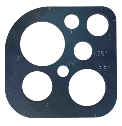 A black phenolic template with various sized circular cut-outs, labeled with measurements.