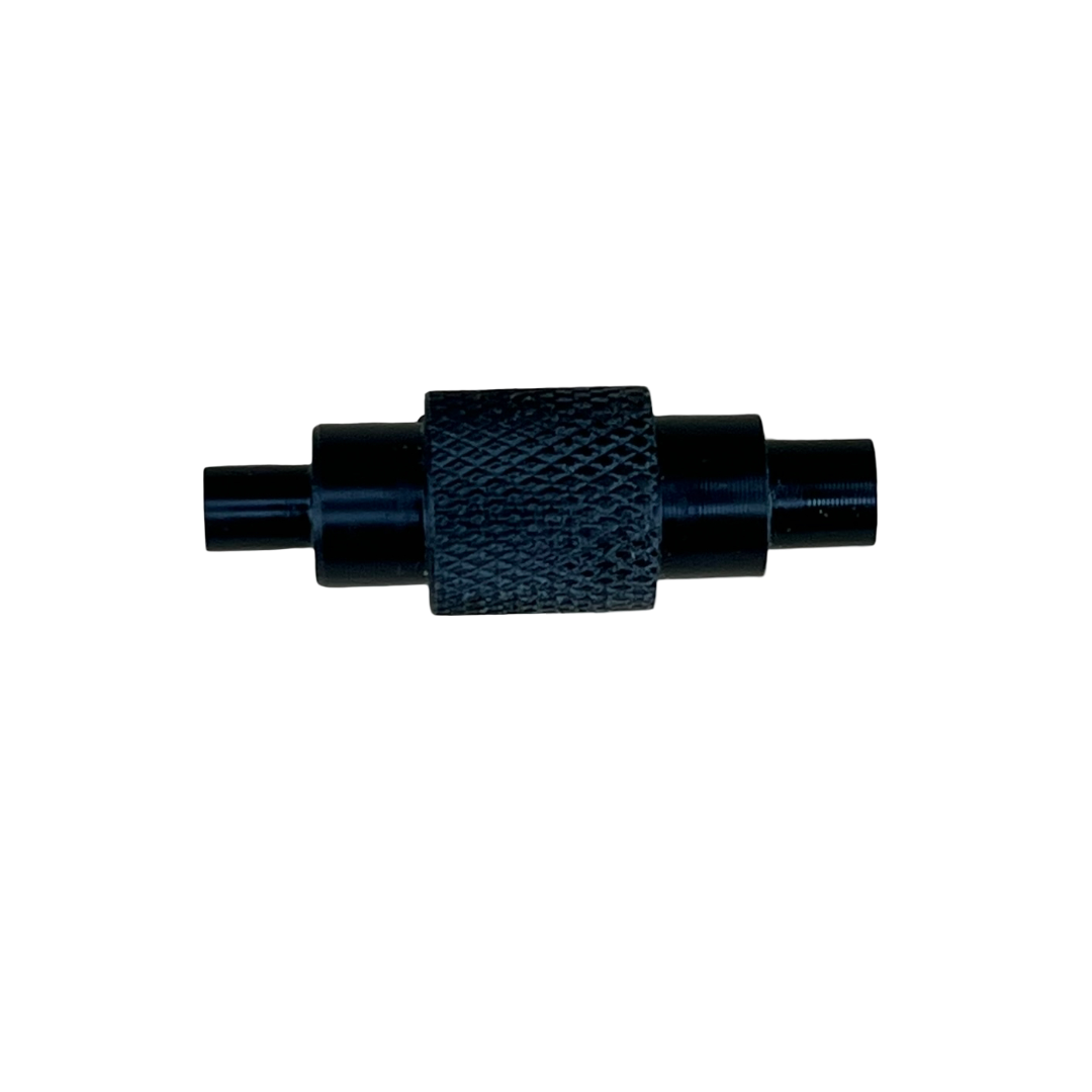 A black locating pin for shelf pin jigs with a textured grip in the center and blue ends.
