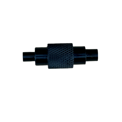 A black locating pin for shelf pin jigs with a textured grip in the center and blue ends.