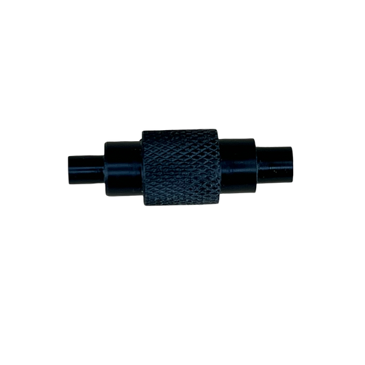 A black locating pin for shelf pin jigs with a textured grip in the center and blue ends.