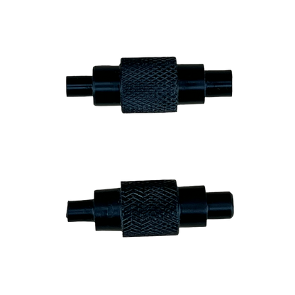 A black locating pin for shelf pin jigs with a textured grip in the center and blue ends.