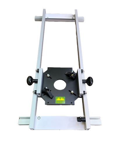 A Double Track Router Planing Sled made of aluminum, designed for full size routers. It includes a no-drill mounting plate and is pictured without a router or bit.