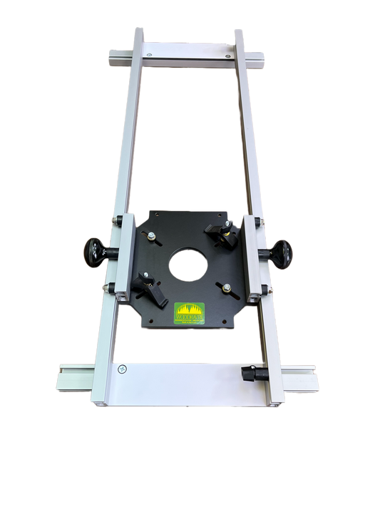 A Double Track Router Planing Sled made of aluminum, designed for full size routers. It includes a no-drill mounting plate and is pictured without a router or bit.