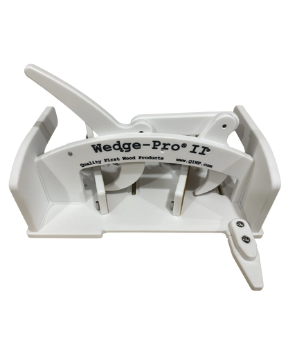 A white segmented circle cutting sled with labels and components, designed for use with a table saw.