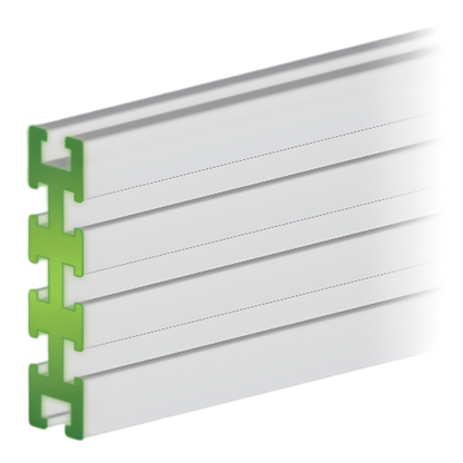 Anodized aluminum extrusion with multiple T-slots, primarily white in color with green accents at the slots.