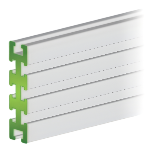 Anodized aluminum extrusion with multiple T-slots, primarily white in color with green accents at the slots.