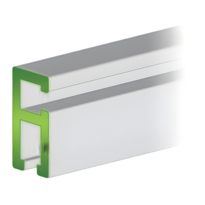 A double track aluminum extrusion, typically used as a component in woodworking jigs or saw fences,  silver in color available in several lengths.
