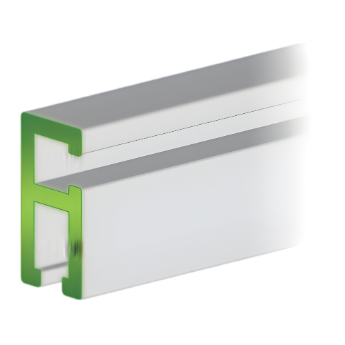 A double track aluminum extrusion, typically used as a component in woodworking jigs or saw fences,  silver in color available in several lengths.