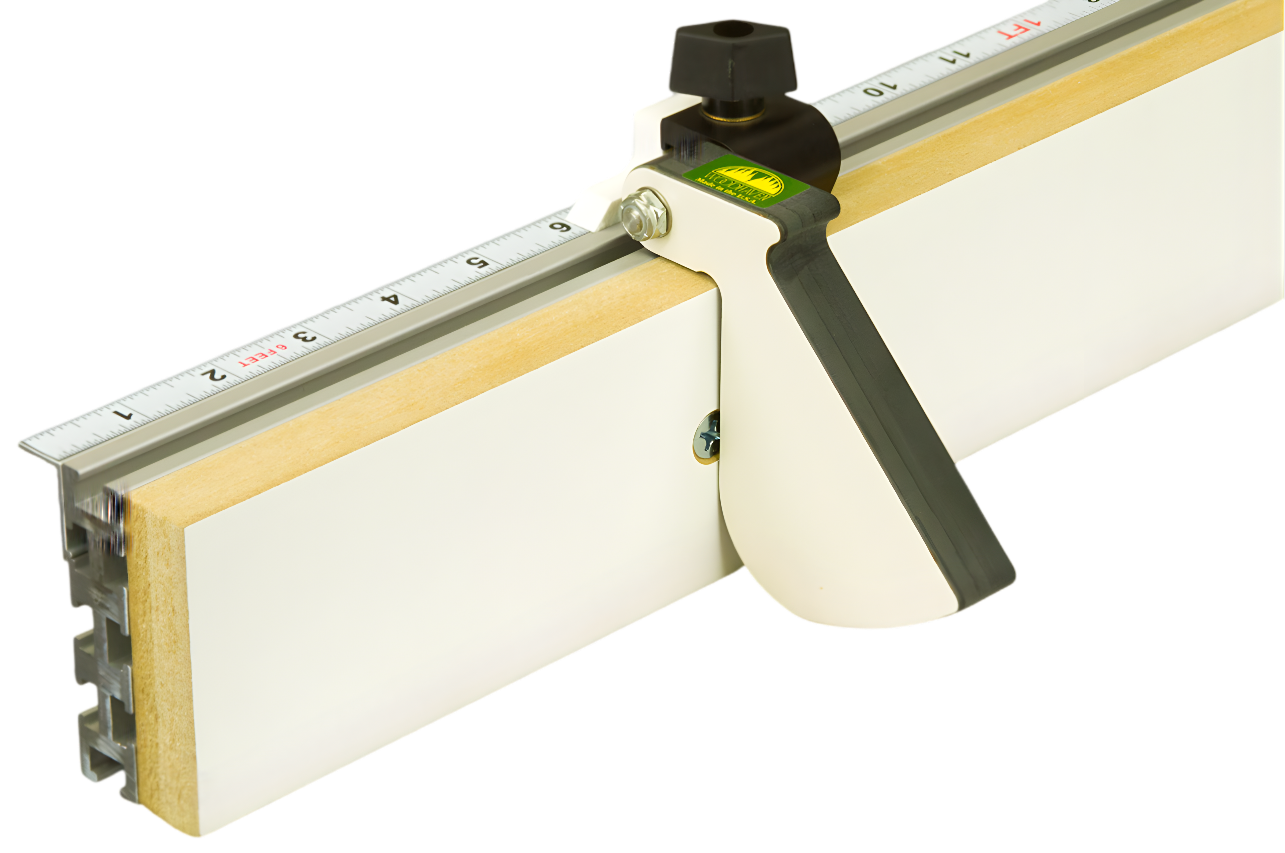 A Woodhaven 4516 3" Curved Flip Stop attached to a white surface, featuring a phenolic stop arm, stainless steel shaft, and ergonomic finger grip.