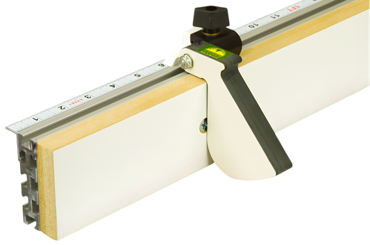 A Woodhaven 4516 3" Curved Flip Stop attached to a white surface, featuring a phenolic stop arm, stainless steel shaft, and ergonomic finger grip.