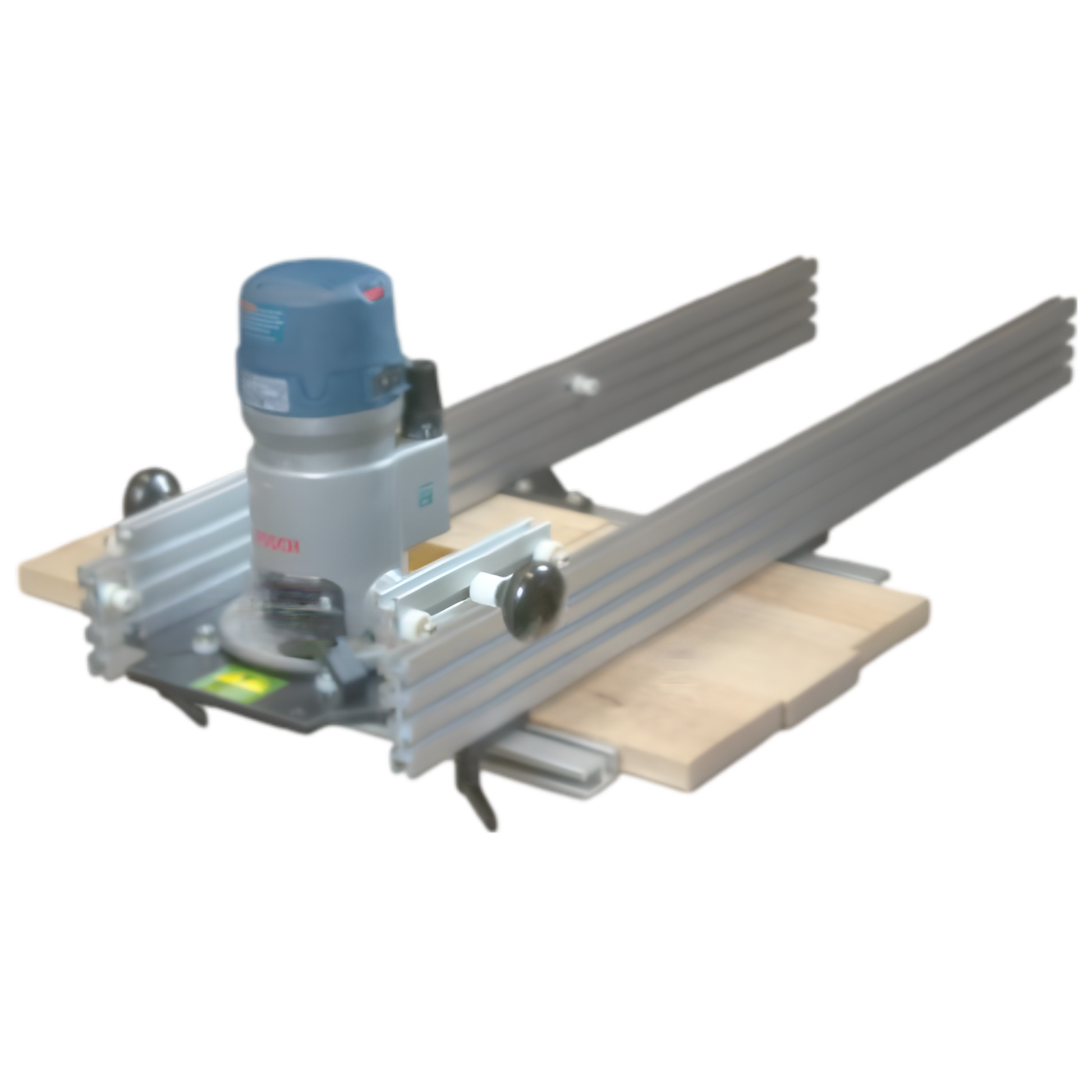 A router planing sled made of aluminum and wood, designed to be used with a router tool for woodworking projects.