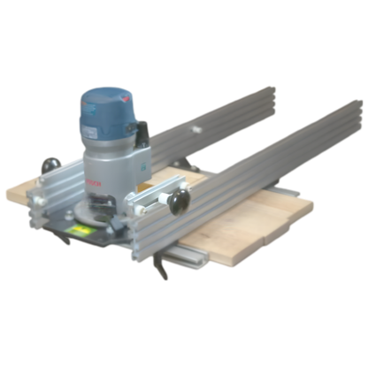 A router planing sled made of aluminum and wood, designed to be used with a router tool for woodworking projects.