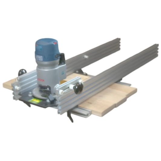 A router planing sled made of aluminum and wood, designed to be used with a router tool for woodworking projects.