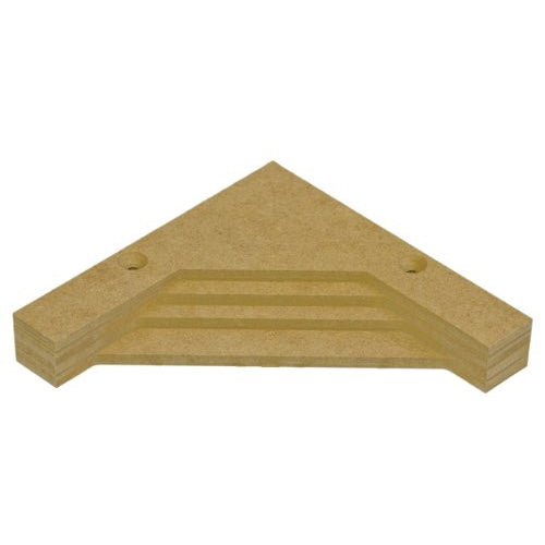 A set of beige-colored wooden chamfer templates of varying sizes designed for routing decorative corners into MDF panels.