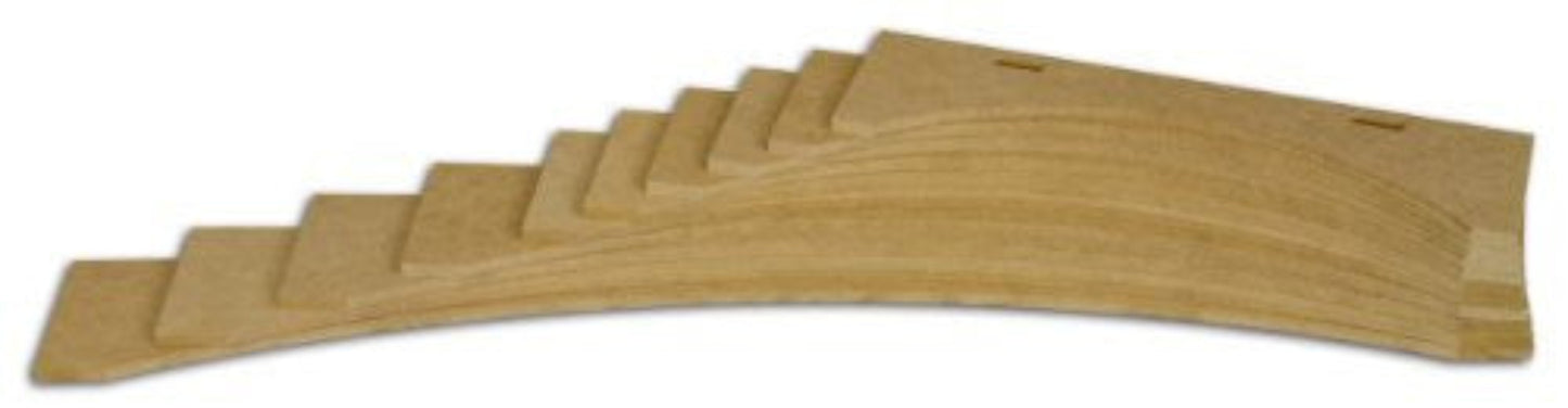 A set of ten arched wooden templates arranged in a series, likely used for routing decorative raised panel profiles into wood panels.