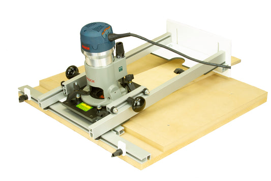 Scarfing sled top view showing router track and workpiece clamping setup