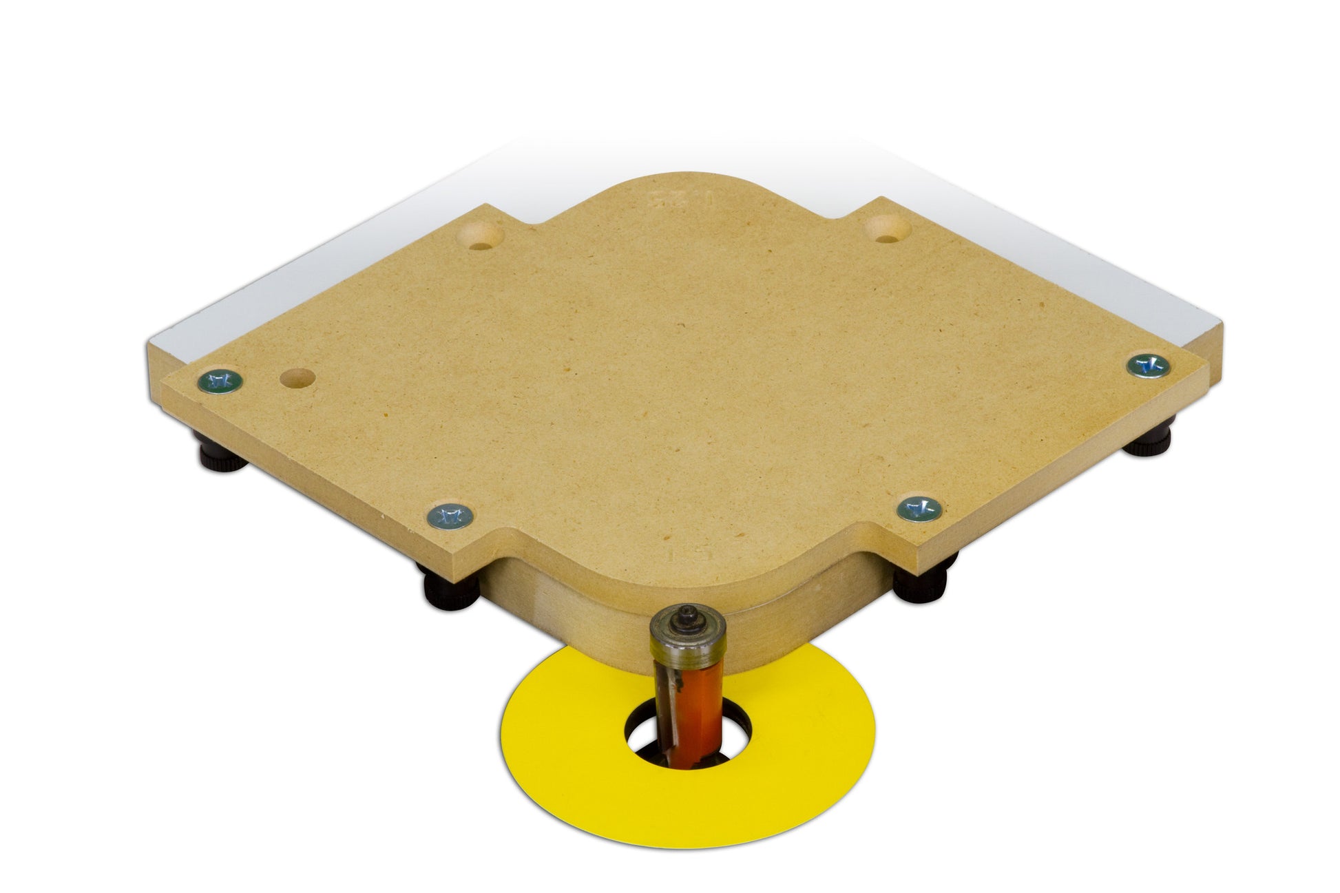 An outside radius template in use on a router table