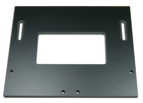 A black phenolic door hinge template with a rectangular cutout in the center, designed for routing hinge mortises in wood.