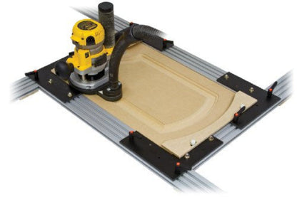 Woodhaven 5380K MDF Door Kit showing router following inside of aluminum frame on MDF panel