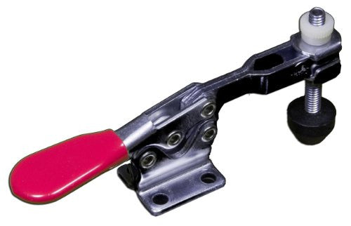A horizontal toggle clamp with a red lever, used for woodworking and available for rent.