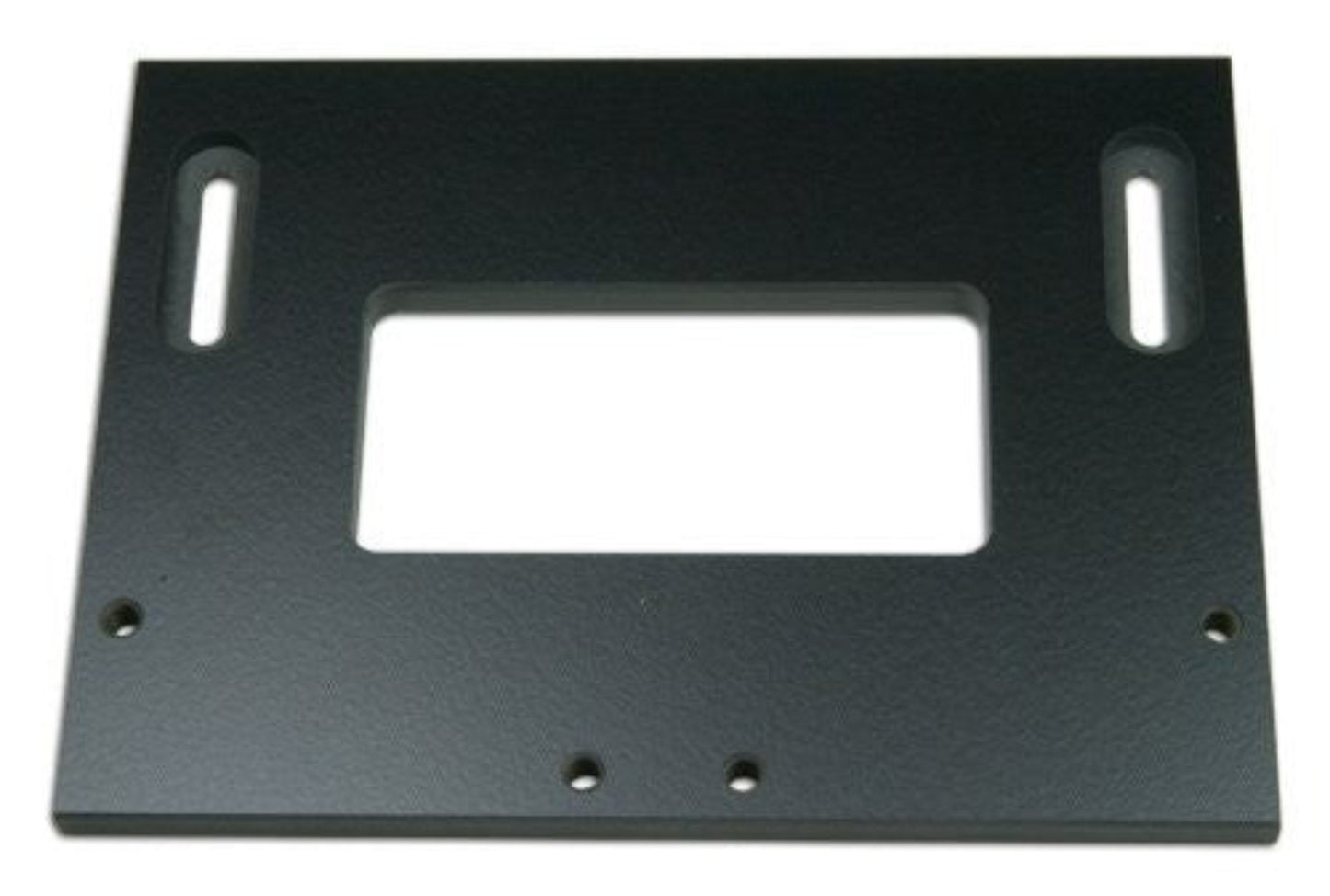 A black metal door hinge template with multiple pre-drilled holes for wood attachment.