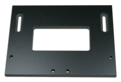 A black metal door hinge template with multiple pre-drilled holes for wood attachment.