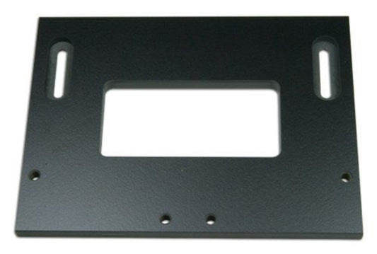 A black metal door hinge template with multiple pre-drilled holes for wood attachment.