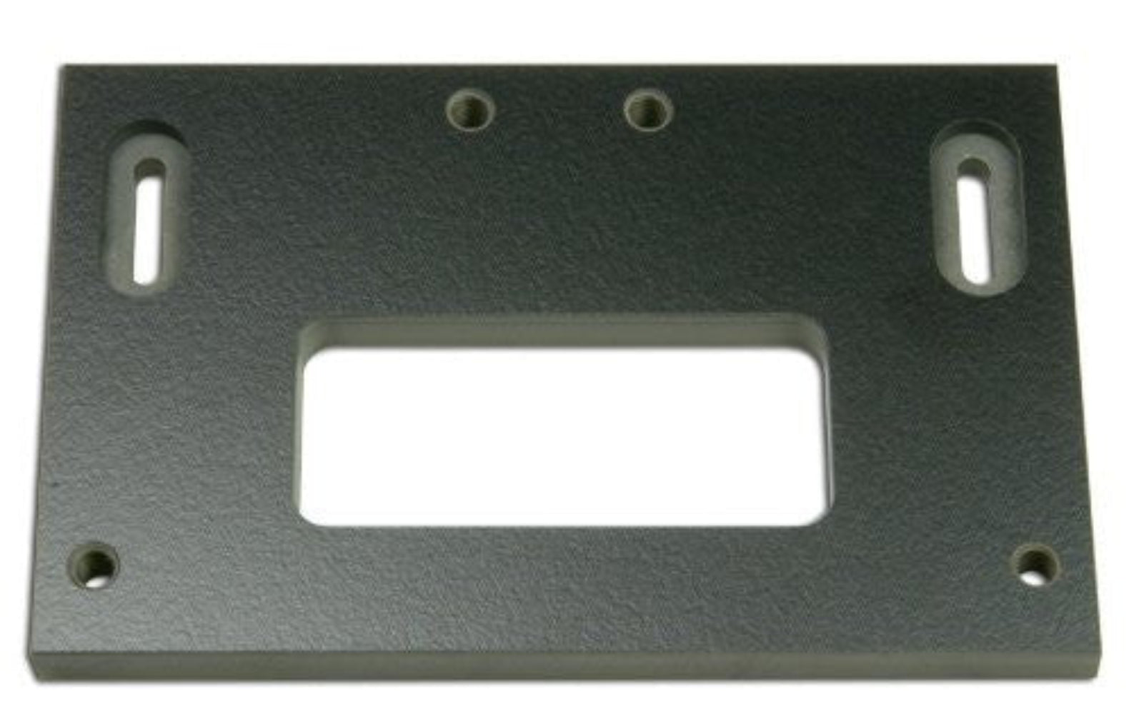 A black phenolic dead bolt plate template with multiple pre-drilled holes for cutting a mortise for a dead bolt plate.