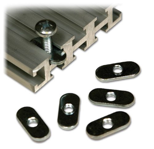 A set of 10 metal oval nuts with a hole in the center, displayed alongside a track featuring a screw, intended for DIY hardware projects.