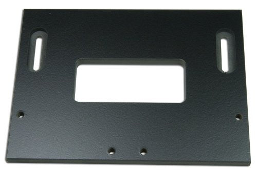 Black door hinge template with multiple pre-drilled holes for mounting on a wood fence, designed for cutting hinge mortises.